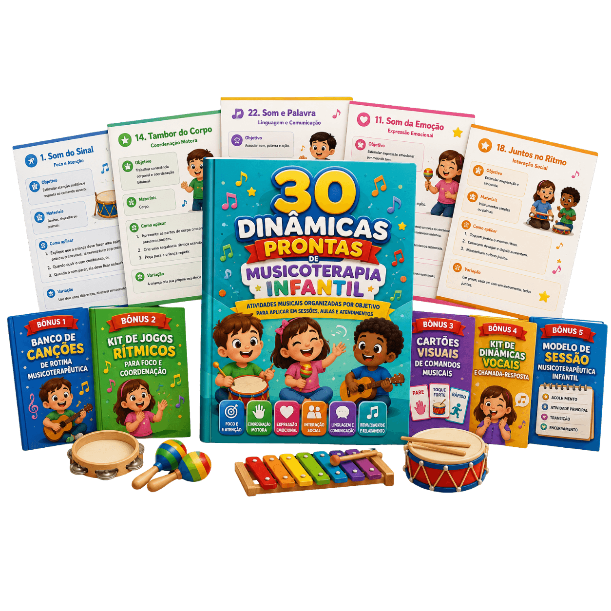 Tudo o que você recebe no Kit Musicoterapia Kids